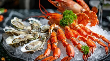 Wall Mural - Assorted seafood platter with fresh prawns, oysters, and crab claws, on a bed of ice