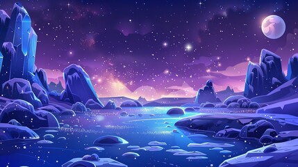 Wall Mural - extraterrestrial alien planet landscape with rocks, frozen pond, and glowing stars under night sky -