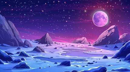 Wall Mural - extraterrestrial alien planet landscape with rocks, frozen pond, and glowing stars under night sky -