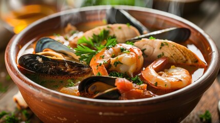 Wall Mural - Classic bouillabaisse soup featuring fish fillets, mussels, and shrimp, in a steaming bowl