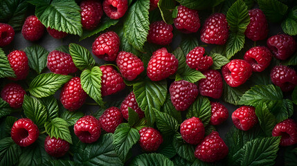 Wall Mural - Ripe raspberries and green leaves background. Raspberries - raspberry texture background of fresh red ripe berries. Close up image with great texture and detail.