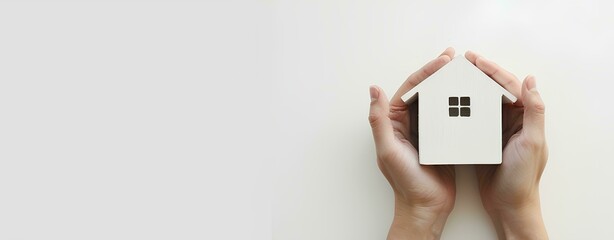 hands holding and showing a model house on a white background, representing a real estate concept. Web banner with space on the right for text