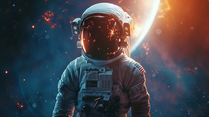 Wall Mural - space explorer in astronaut suit with moon flare and galactic sky in background, 3d rendering showca