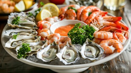 Wall Mural - Delicious seafood platter with fresh oysters, shrimp, and scallops, elegantly arranged
