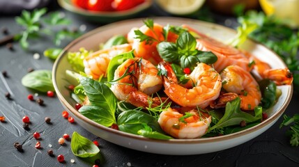 Wall Mural - Exquisite seafood dish with shrimps and salmon, served with fresh greens and herbs