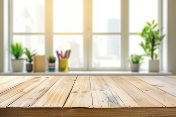 Canvas Print - Blank wooden desk (with office supplies) (negative space) (natural window light) (blurred home office background). 