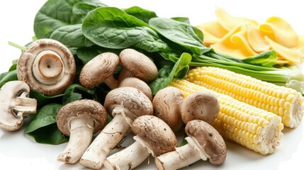 Wall Mural - Fresh Shabu vegetables with spinach, mushrooms, and baby corn, arranged on a white background