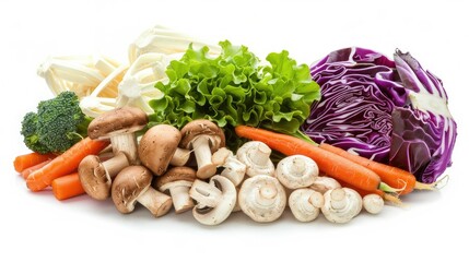Wall Mural - Healthy mixed vegetables for Shabu, including cabbage, mushrooms, and carrots, isolated on white