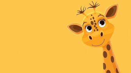 Wall Mural - A cartoon giraffe with big eyes peeking over a yellow background.