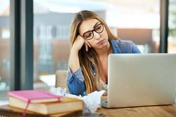 Aufkleber - Student, girl and bored with laptop in classroom for screen fatigue, tired and project or assignment struggle. Learner, technology and online for assessment, boredom and burnout of learning education