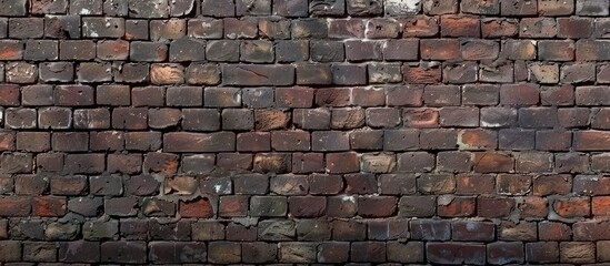 Wall Mural - Texture of an aged dark brown and red brick wall in panoramic view.