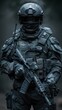 © nataliya_ua - A Soldiers Vigil: A Black Ops Operator Stands Ready in the Gray Light of Dawn. Generative AI