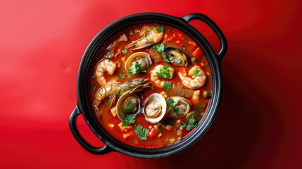 Wall Mural - Spicy mixed seafood soup boiling in a hot pot, isolated on a vibrant red background