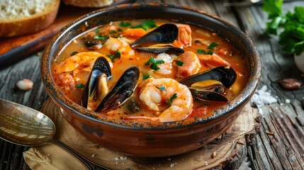 Wall Mural - Traditional bouillabaisse soup with fish, mussels, and shrimp, served in a rustic bowl