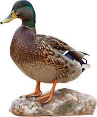 Close-up of a male mallard duck standing on a rock with vibrant green head and brown body feathers.