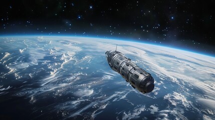 Wall Mural - cargo spaceship orbiting earth in dark space with a stunning view of the blue planet below
