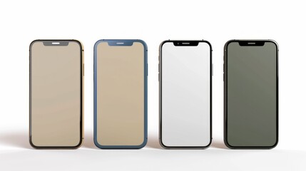 a close-up photo of four smartphones on a white background. the devices are all facing forward with 