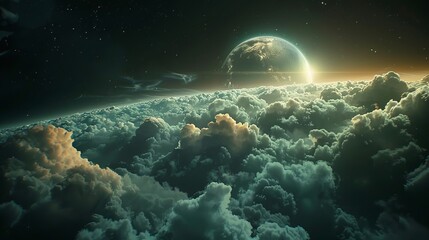 Wall Mural - beautiful earth and cloudscape viewed from space, serene planetary scene with sunlight glinting off 