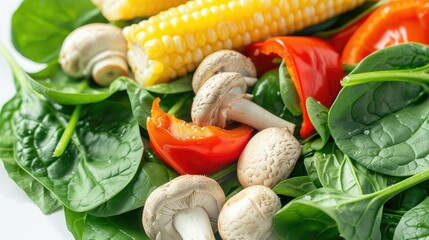 Wall Mural - Vibrant Shabu vegetables with spinach, mushrooms, and baby corn, on a white background