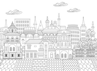 colouring book page for adults and children. cloudy scenery euro