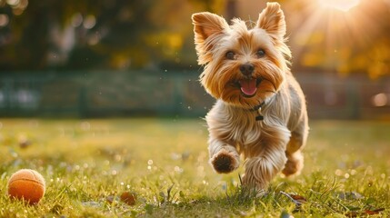 Yorkshire Terrier dog running joyfully with a ball in a city park, under sunny skies