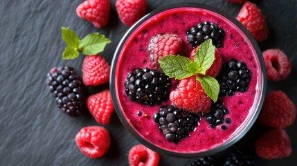 Wall Mural - A smoothie with raspberries and blackberries as toppings