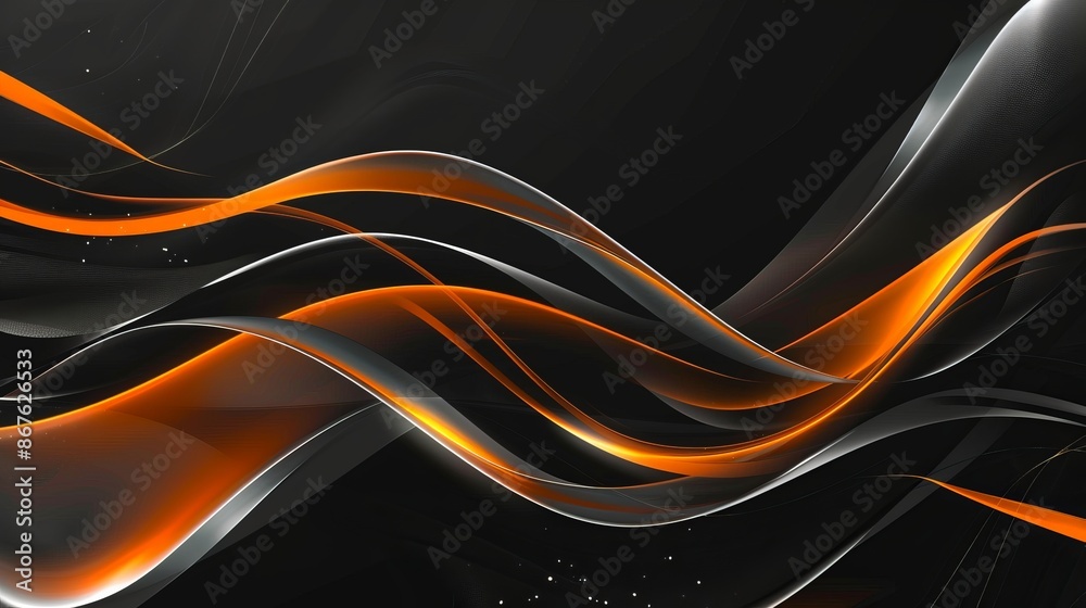 Dark technology background with wavy orange and white lines, black ...