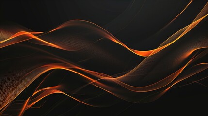 Poster - Dark technology background with wavy orange and white lines, black texture color design illustration, digital motion modern orange wallpaper template, abstract wave curves for futuristic and tech-them
