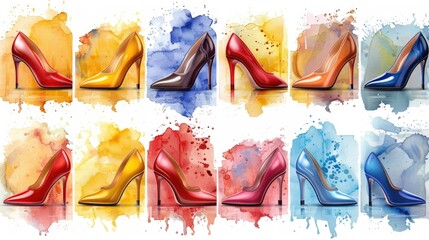 Vector woman shoes icons set, shoes, collection of women's shoes, set of multi-colored shoes, women ladies short boots collection.