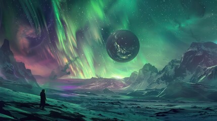 Wall Mural - a mesmerizing aurora borealis on an alien planet., image of galaxy universe space beautiful like mag
