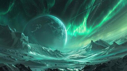 Wall Mural - a mesmerizing aurora borealis on an alien planet., image of galaxy universe space beautiful like mag