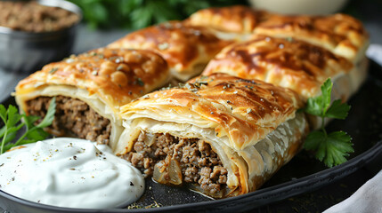 Wall Mural - Samsa pies with meat and onions: traditional uzbek cuisine served with fresh herbs and sour cream on a black plate