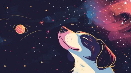 Wall Mural - charming space-themed illustration of an adorable dog floating in a starry cosmic background, perfec