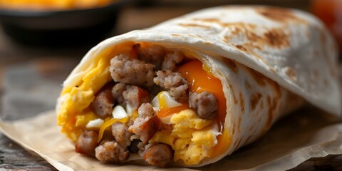 Wall Mural - Enjoy a delicious breakfast burrito with sausage eggs and cheese. Concept Breakfast Burrito, Sausage, Eggs, Cheese, Delicious