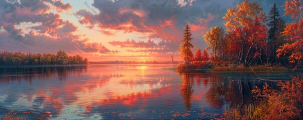 Sticker - An artist capturing the beauty of a sunrise over a tranquil lake, with vibrant colors reflected in the calm waters.