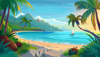 Cartoon vector underwater point of view on tropical lagoon landscape with blue sea or ocean water surface with wave, sunny sky with clouds, rock islands with green grass, summertime exotic waterline, 