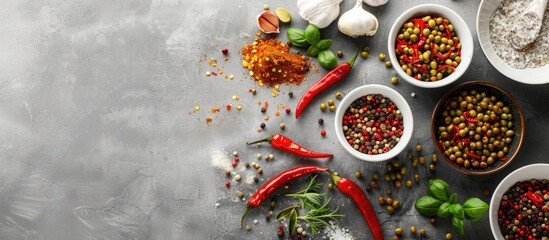 Wall Mural - Ingredients for cooking arranged in a flat lay on a gray table with room for text