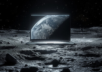 Canvas Print - Closeup of an open laptop on the moon surface