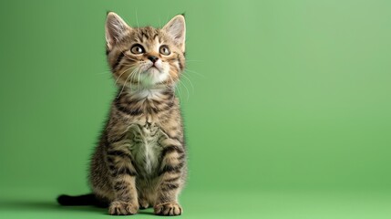 Wall Mural - A small tabby kitten is sitting against a green background.