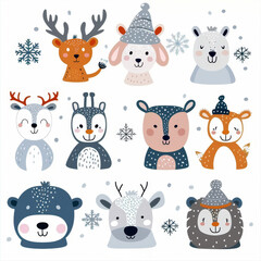  Cute animal Christmas set illustration. festive winter Christmas funny animal characters. Winter-themed featuring cute animal faces perfect for festive and holiday designs, gift wrapping