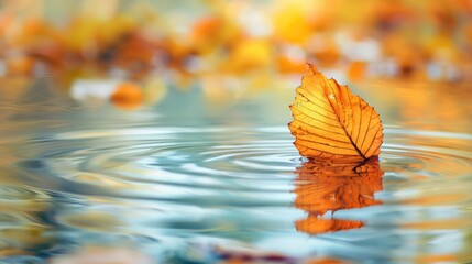 Poster - Close up of autumn leaf in tranquil water with reflections and blurred backdrop showcasing the beauty of nature