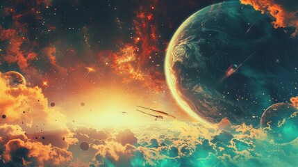 Wall Mural - colorful vintage abstract galaxy illustration with retro futuristic space wallpaper - 4k background 