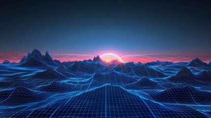 Retro futuristic technology landscape with neon 80s digital city and blue vector mountain background - ideal for music, tech themes, and vintage synthwave art