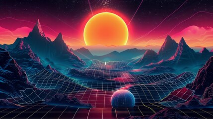 Wall Mural - retro neon synthwave arcade game background with techno mountain landscape, bright sun, and futurist