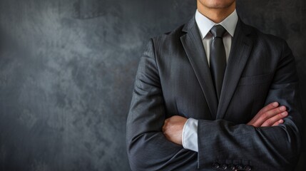 Wall Mural - A man in a suit and tie stands with his arms crossed in front of a grey wall