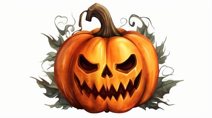 A vividly orange pumpkin with a scary, jagged face, featuring twisted leafy vines around it and a brown stem, perfect for Halloween-themed designs and spooky atmospheres.