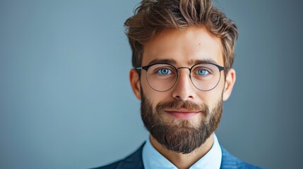 Wall Mural - A man with a beard and glasses is smiling for the camera