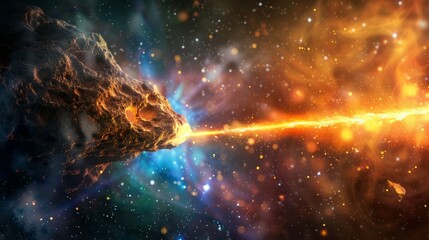 Canvas Print - brightly colored space abstract background with burning comet, flash, and laser through stone, vibra