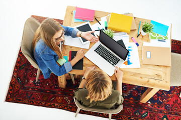 Aufkleber - University, students and friends on laptop above with statistics and collaboration for qualitative research. Young people on computer with learning, discussion and tutor advice for data analysis