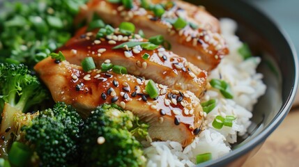 Wall Mural - Asian style close up of a meal featuring rice chicken and broccoli on a food background